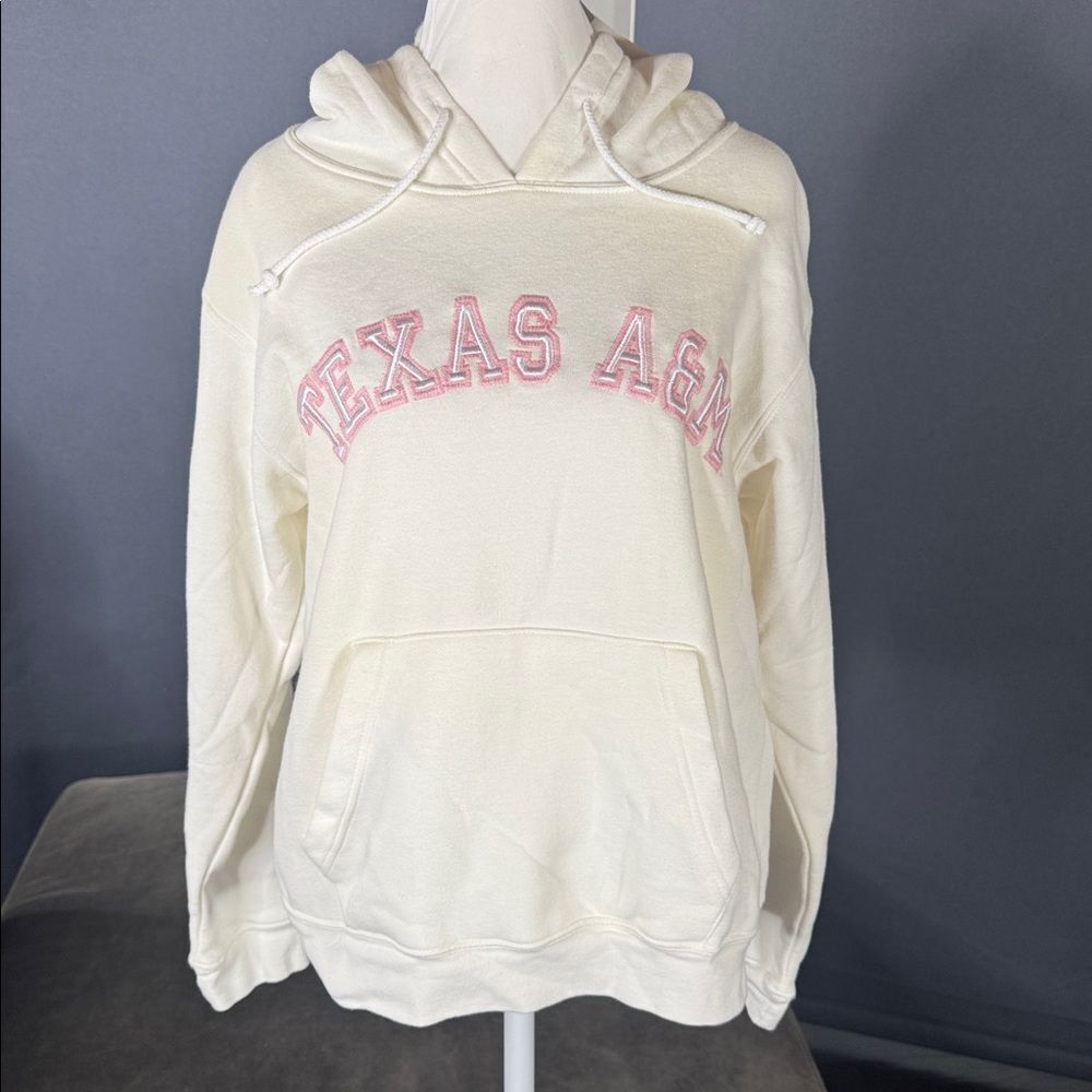 Women’s White Cream Pink Embroidered TEXAS A&M Hoodie Size L NWT